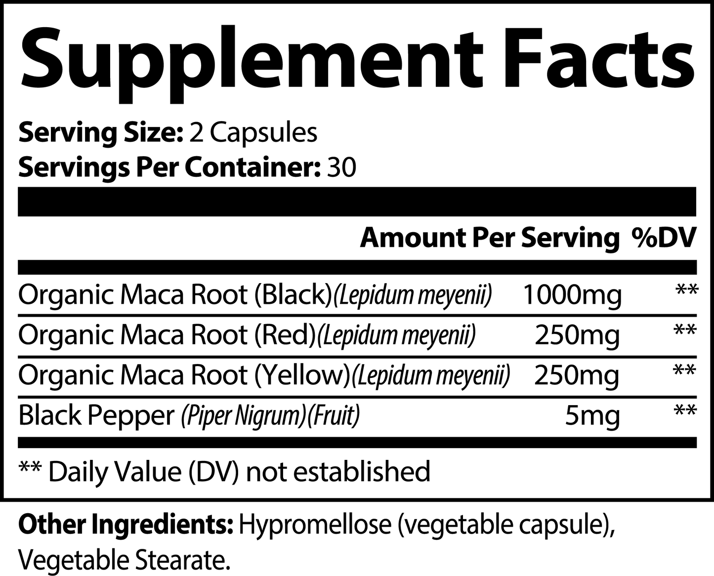 Maca Root supplement label – natural herbal supplements for men's sexual health and vitality